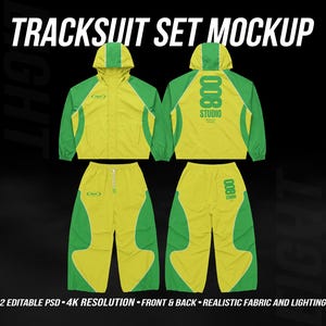 May include: A yellow and green tracksuit set featuring a hooded jacket and trousers. The design includes the text TRACKSUIT SET MOCKUP, 008 STUDIO, and 2 EDITABLE PSD 4K RESOLUTION FRONT & BACK REALISTIC FABRIC AND LIGHTING. The garments show front and back views.