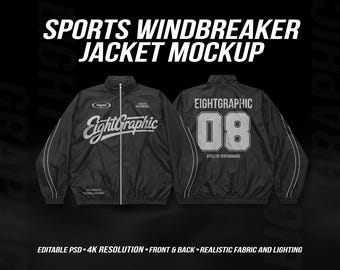 Maqueta PSD de chaqueta cortavientos deportiva, plantilla editable de chaqueta deportiva frontal y trasera, ropa deportiva exterior 4K