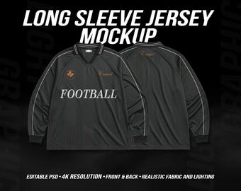 Long Sleeve Football Jersey Mockup PSD, Oversized Soccer Shirt Mockup, Front & Back View, Editable Sportswear Mockup 4K
