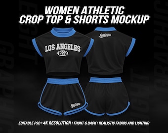Women Gym Set Mockup PSD, Crop Top & Athletic Shorts, Editable Front Back Activewear Template 4K