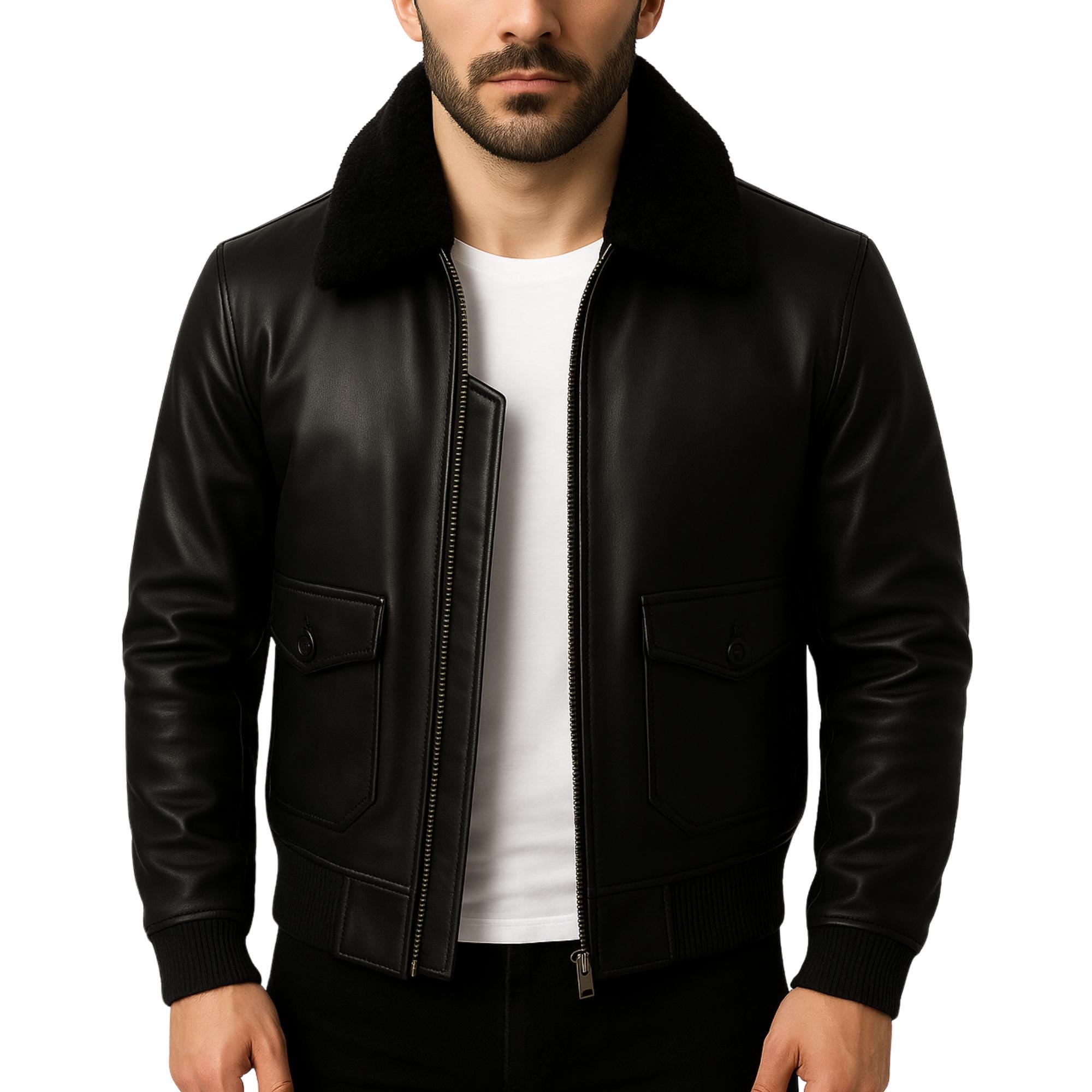 メンズ本革ボンバージャケット（フェイクファーカラー付き