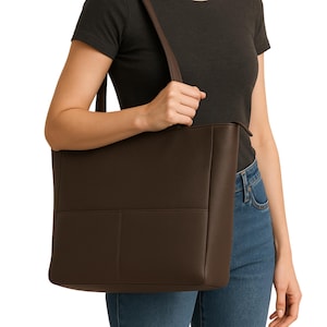 Echtleder-Einkaufstasche für Frauen, leichte Einkaufstasche mit Fächern, dunkelbraune, weiche Schulterhandtasche, obere Grifftasche mit großem Fassungsvermögen