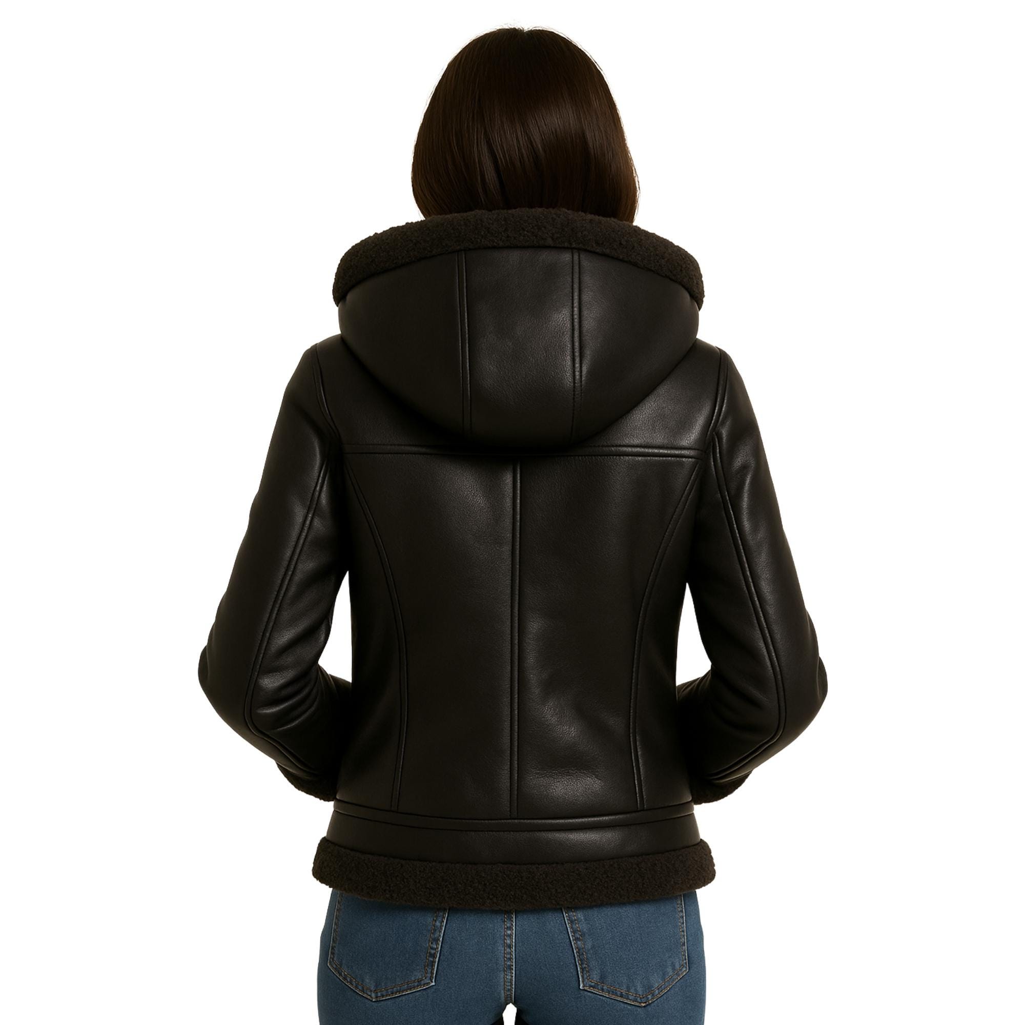 レディース ブラック フード付きレザージャケット（フェイクファー