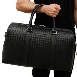 Sac de voyage luxueux en cuir tressé noir pour hommes et femmes - Grand sac de voyage en cuir de voyage, sac de voyage unique unisexe