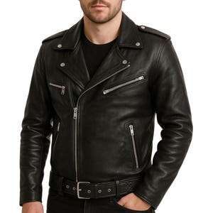 Blouson motard en cuir véritable noir à fermeture éclair asymétrique avec ceinture pour motard