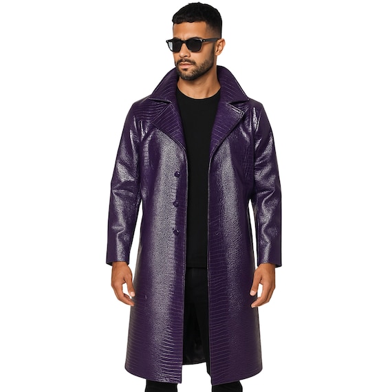 Men's Faux Leather Trench Coat – Purple Crocodile Pattern Long