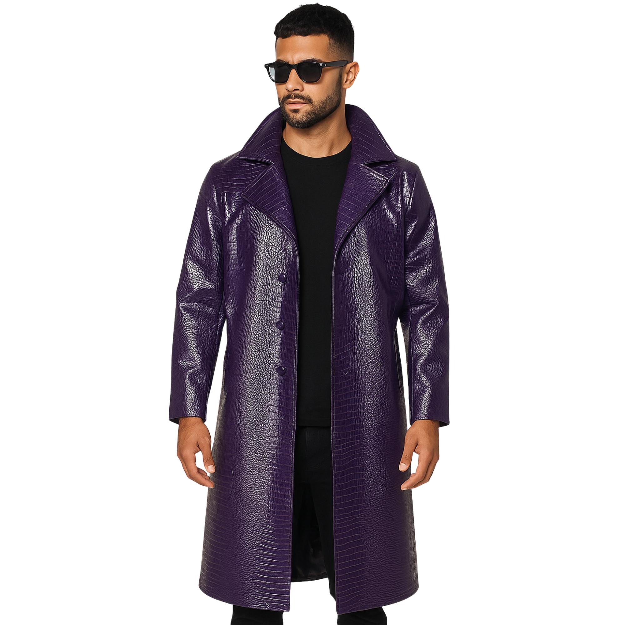 Men's Faux Leather Trench Coat – Purple Crocodile Pattern Long