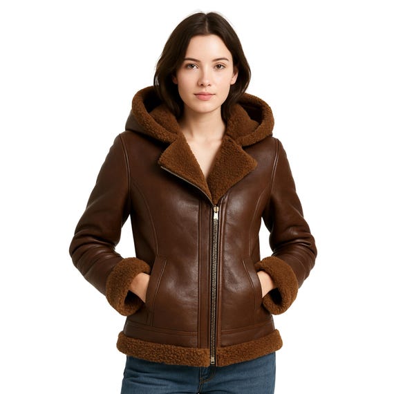 Women’s Hooded Leather Jacket with Faux Fur Shearling Lining – Genuine Leather Winter Coat with Zip Front and Pockets
