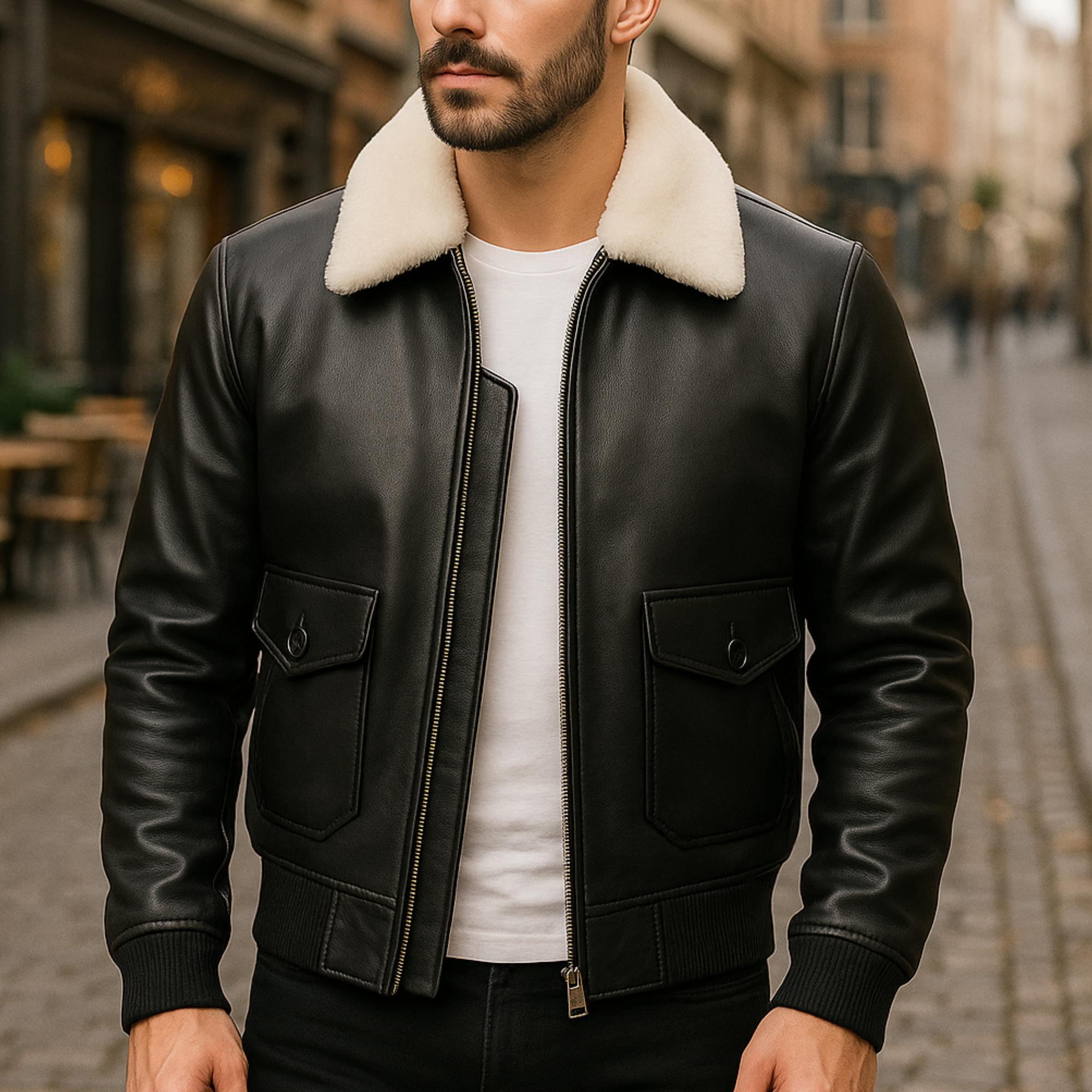 メンズ本革ボンバージャケット（フェイクファーカラー付き