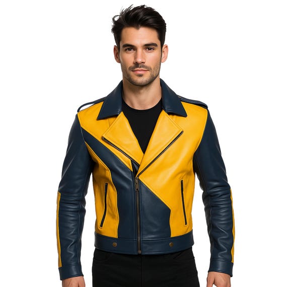 Zweifarbige Leder Bikerjacke: Gelb Marineblau Motorradmantel