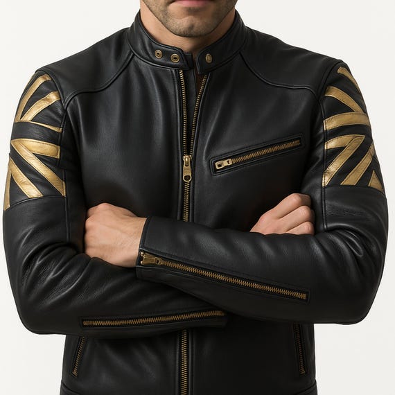 Schwarze Leder-Bikerjacke für Herren mit goldenem Union Jack