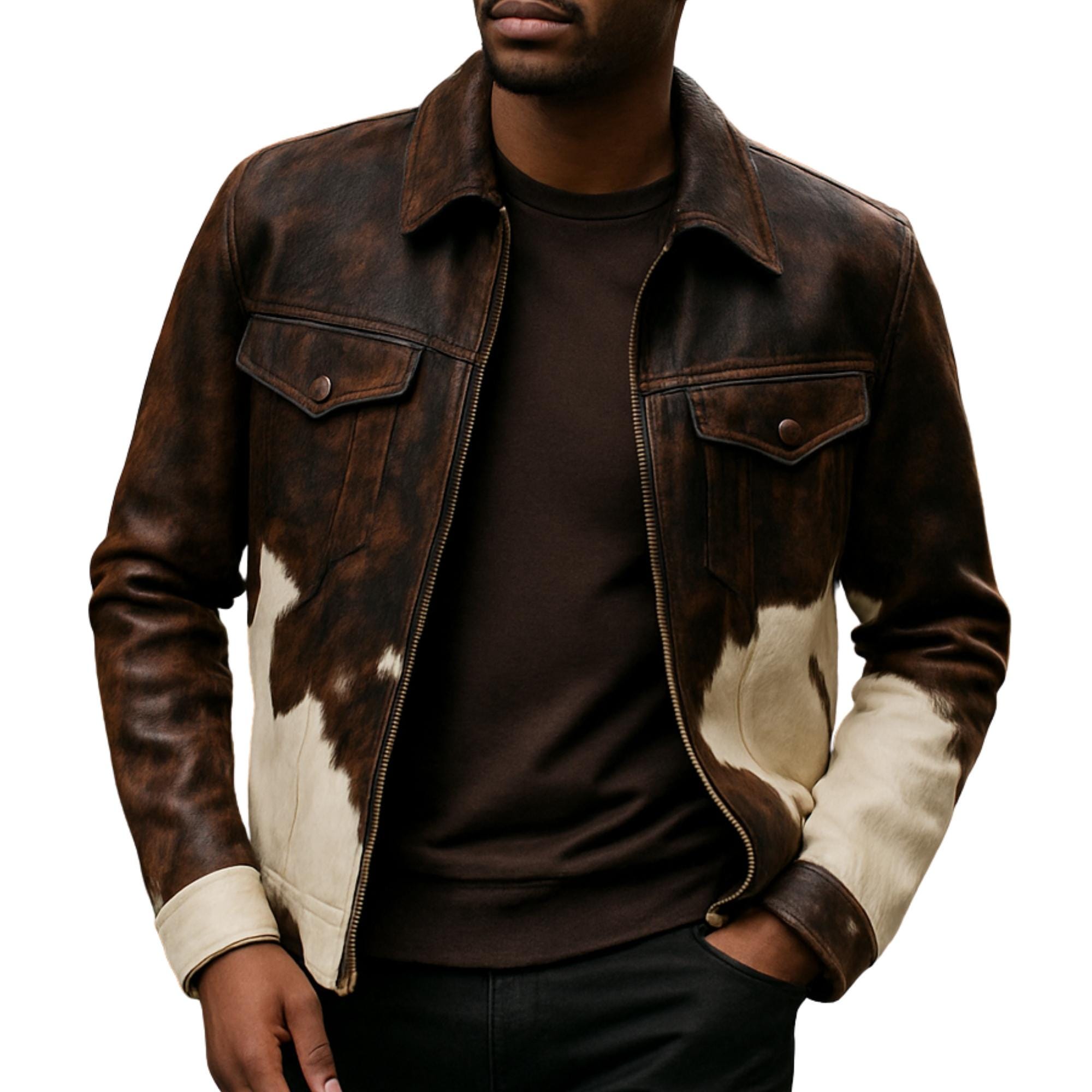 Men's Cowhide Leather Motorcycle Jacket – Western Cow Print