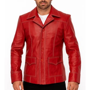 Men&#39;s Red Leather Blazer: Vintage Style, Contrast Stitching