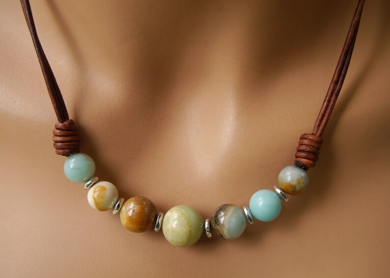 Womens Leather Necklace Beaded Amazonite Gemstone Casual Etsy