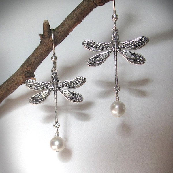 Silver Dragonfly Freshwater Pearls Dangle Earrings Womens Jewelry Gift