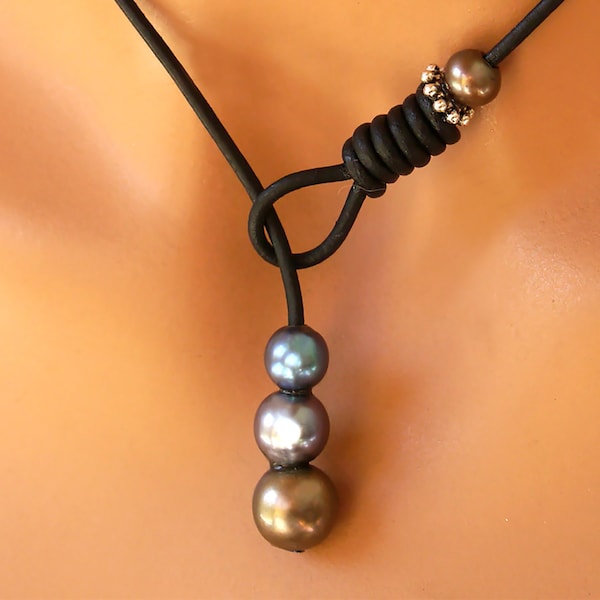 Leather Lariat Freshwater Peacock Pearl Choker Necklace Womens Girls Teens Casual Jewelry Gift Minimalist Black or Brown Trendy Boho