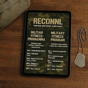 Op de afbeelding: Een digitale tablet toont een militair fitnessprogramma met het woord "RECONNL" bovenaan. Het scherm toont een schema met trainingsdagen en rustdagen. Twee hondenlabels hangen rechts aan een ketting.