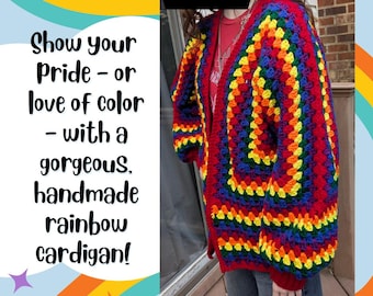 Handmade Crochet Rainbow Cardigan: Vibrant Pride Sweater, Festival Fashion