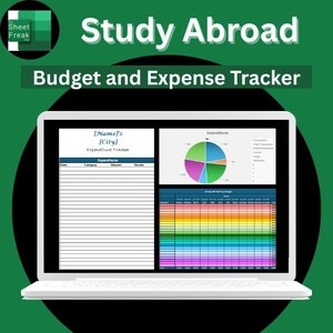 Peut inclure: Un ordinateur portable blanc affiche une feuille de calcul "Study Abroad Budget and Expense Tracker". L'écran montre un diagramme circulaire, un tableau budgétaire et un formulaire de suivi des dépenses. Le fond est vert foncé.