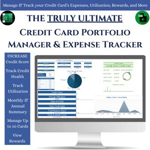 Credit Card Portfolio Manager Excel Spreadsheet: Expense Tracker, Budget, Utilization & Rewards Summary
