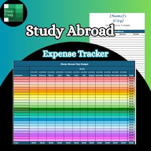 May include: A colorful budget tracker spreadsheet with the title "Study Abroad Expense Tracker" and the words "[Study Abroad City] Budget" and "Months". The spreadsheet has columns for categories, January through December, and a total column. The cells are color-coded in a rainbow pattern.