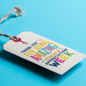 Peut inclure: Une &eacute;tiquette cadeau rectangulaire blanche avec le texte "THANK YOU FOR BEING AMAZING! TEACHER APPRECIATION WEEK" en plusieurs couleurs. L'&eacute;tiquette est attach&eacute;e &agrave; une ficelle de ficelle naturelle et pos&eacute;e sur un fond bleu vif.