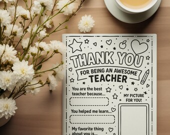 Coloriage de remerciement à imprimer pour les enseignants | Cadeau de remerciement pour professeur | Téléchargement numérique instantané pour les enfants
