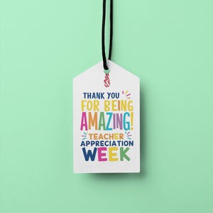Peut inclure: &Eacute;tiquette cadeau blanche avec le texte "THANK YOU FOR BEING AMAZING! TEACHER APPRECIATION WEEK" en lettres color&eacute;es. L'&eacute;tiquette est suspendue par une ficelle noire sur un fond vert clair.
