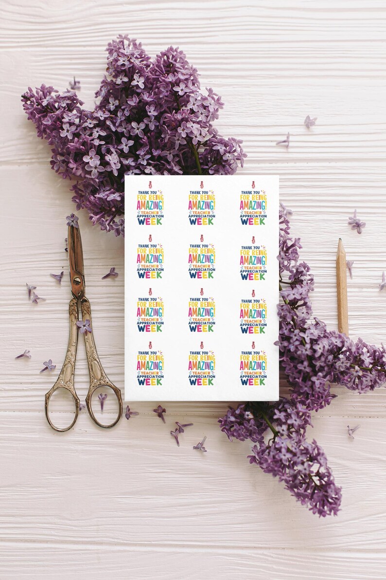 Peut inclure: Une feuille d'autocollants avec le texte "Thank You For Being Amazing! Teacher Appreciation Week" en plusieurs couleurs. Les autocollants sont entour&eacute;s de fleurs de lilas violettes, d'une paire de ciseaux et d'un crayon sur une surface en bois blanc.
