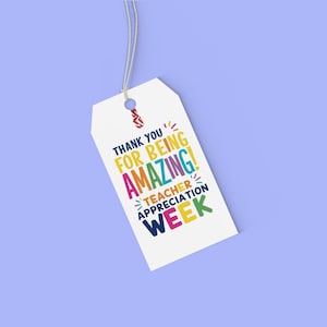 Peut inclure: Une &eacute;tiquette cadeau blanche avec le texte "THANK YOU FOR BEING AMAZING! TEACHER APPRECIATION WEEK" en plusieurs couleurs. L'&eacute;tiquette est suspendue par une ficelle blanche sur un fond violet clair.