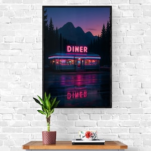 Impresión artística de pared de restaurante de neón retro n.° 1 de 3. Escena nocturna con estética retro, póster americano vintage, ilustración de cafetería lluviosa junto a la carretera, decoración melancólica.