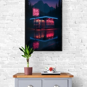 Impresión artística de pared de parada de autobús de neón retro n.° 2 de 3. Escena nocturna de estética retro, póster americano vintage, ilustración de carretera lluviosa, decoración melancólica.