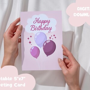 Happy Birthday Printable Greeting Card, Balloon Birthday Card, 5x7 Greeting Card