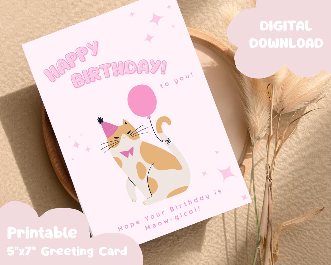 Happy Birthday Printable Greeting Card, Cat Birthday Card, Cute ...