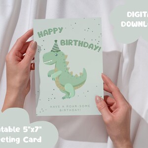 Tarjeta de felicitación imprimible de feliz cumpleaños, tarjeta de cumpleaños de T-Rex, tarjeta de felicitación de 5x7