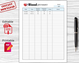 Blood Pressure Tracker, Editable Printable, Blood Pressure log, Medical Tracker, BP Tracker, Daily Blood Pressure Chart, Hypertension log