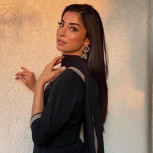 Satin Silk Black Suit Salwar kameez with Patiala style salwar and dupatta 3 pcs suit Laces work black Suit set Gift for you With Earrings