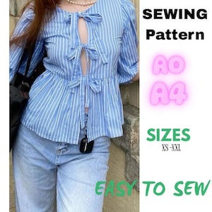 peplum Top Sewing Pattern, Tie Front Blouse, Puff Sleeve Top, Milkmaid Blouse Pattern, Peplum Blouse Pattern Women, Peplum Tie Blouse Patter