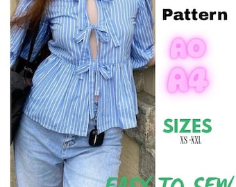peplum Top Sewing Pattern, Tie Front Blouse, Puff Sleeve Top, Milkmaid Blouse Pattern, Peplum Blouse Pattern Women, Peplum Tie Blouse Patter