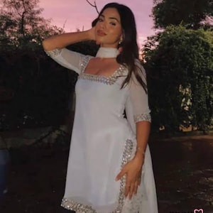 Designer White Salwar Kameez Suit Patiala Shalwar Brocade Silk Kurta Georgette Dupatta Custom Stitched For Girls And Women
