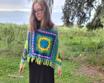 Crocheted Granny Squared Fringed Poncho ~ Boho Poncho ~ Hippie Poncho