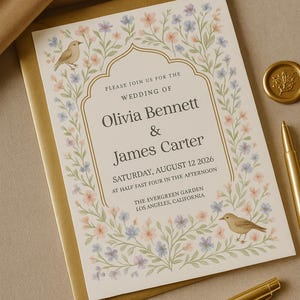 Faire-part de mariage de luxe Botanica | Modèle de toile de faire-part de mariage floral élégant | Carte florale pastel imprimable