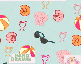 Beach bows coquette seashells, Seamless Pattern, hand drawn digital art PNG, instant download, Digital Papers Vinyl Fabric Surface Design