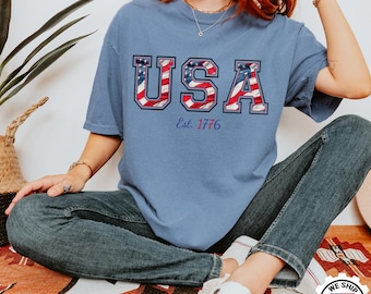 Camiseta Comfort Colors® del 4 de julio, camiseta de EE. UU., camiseta del Día de la Independencia, camiseta patriótica, regalo para ella, camiseta de EE. UU. fundada en 1776, camiseta del 4 de julio