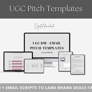May include: A computer screen displaying a digital download of UGC DM + Email Pitch Templates by Leni Miller. The screen shows a checklist of steps for creating a UGC pitch, a sample email pitch, and a sample DM pitch.