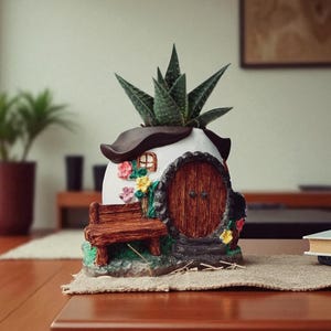 Może przedstawiać: Kapryśna, ręcznie malowana ceramiczna donica w kształcie domu hobbita, z brązowymi drzwiami, małym oknem i ławką. Donica wypełniona jest zieloną rośliną sukulentową. Ozdobne kwiaty zdobią dom, dodając mu koloru.