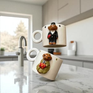 Set of 2 Handmade Embossed Bear Couple Ceramic Mugs – 200 ml | His & Hers Coffee Cups | Gift Mug Set