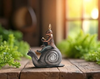 Handmade Reading Bunny  Snail Figurine – Iron & Marble Powder Sculpture | 21 cm