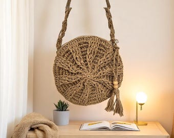Bolso de paja estilo macarrón hecho a mano – Bolso bandolera redondo bohemio con borlas y cuentas / 25 cm de diámetro, correa de 110 cm