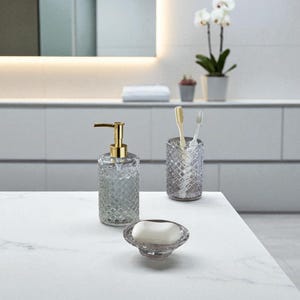 Ensemble de salle de bain en verre fait main – Ensemble de 3 pièces en verre soufflé (distributeur de savon, porte-brosse à dents, porte-savon)